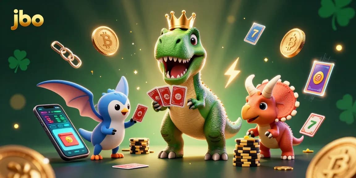 Experience excitement at JBO with 3D cartoon characters shuffling cards and stacking chips in a vibrant casino atmosphere.