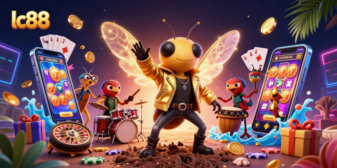 Play thrilling slots with lc88, featuring a cartoon cicada rock star and vibrant casino elements.
