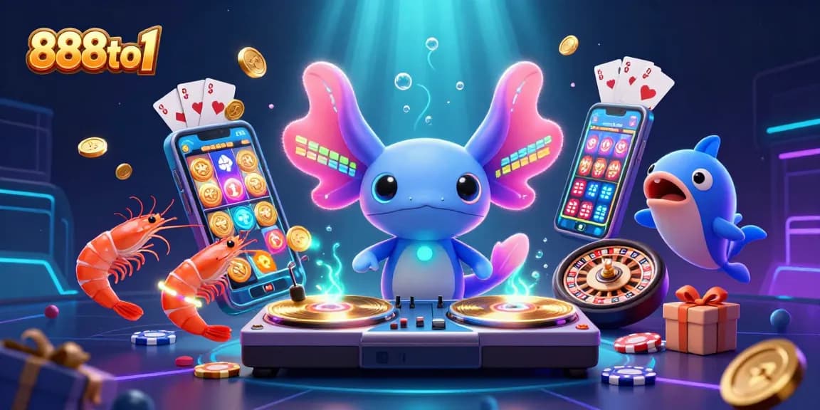Experience excitement with 888to1 as underwater characters spin vibrant slot games and coins in action.