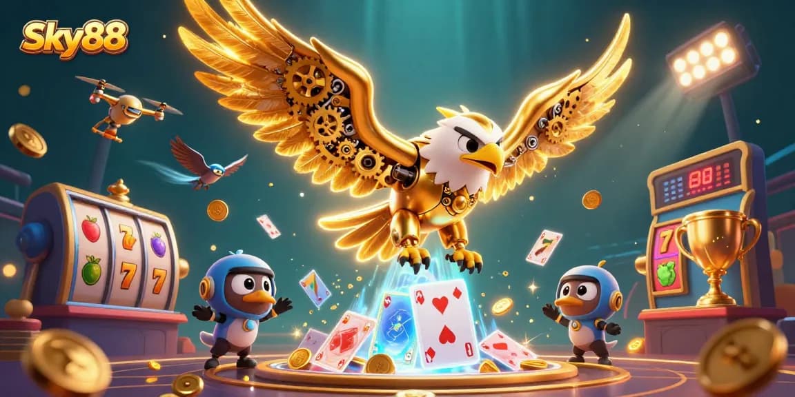 Experience thrilling gameplay with Sky88 in this dynamic casino scene filled with vibrant slot elements and immersive energy.