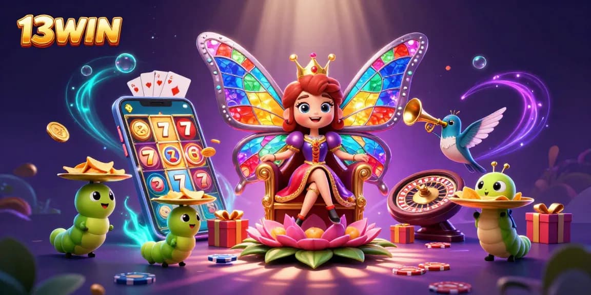 Engage with thrilling slots at 13WIN, featuring a butterfly queen and captivating casino elements.