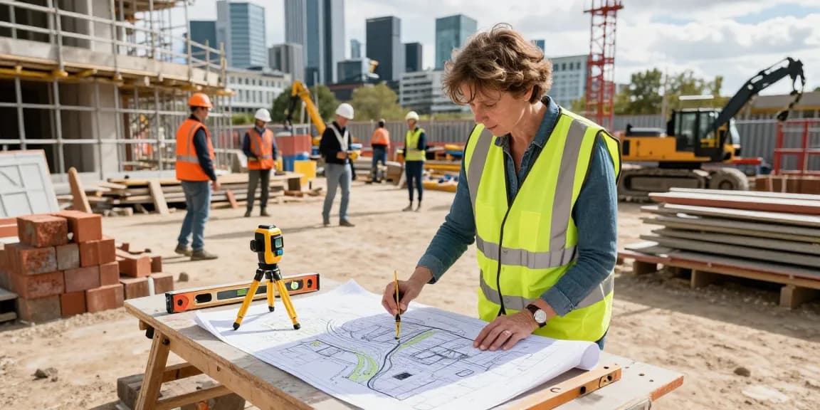 Surveyor conducting measured building surveys UK on a busy construction site in London.