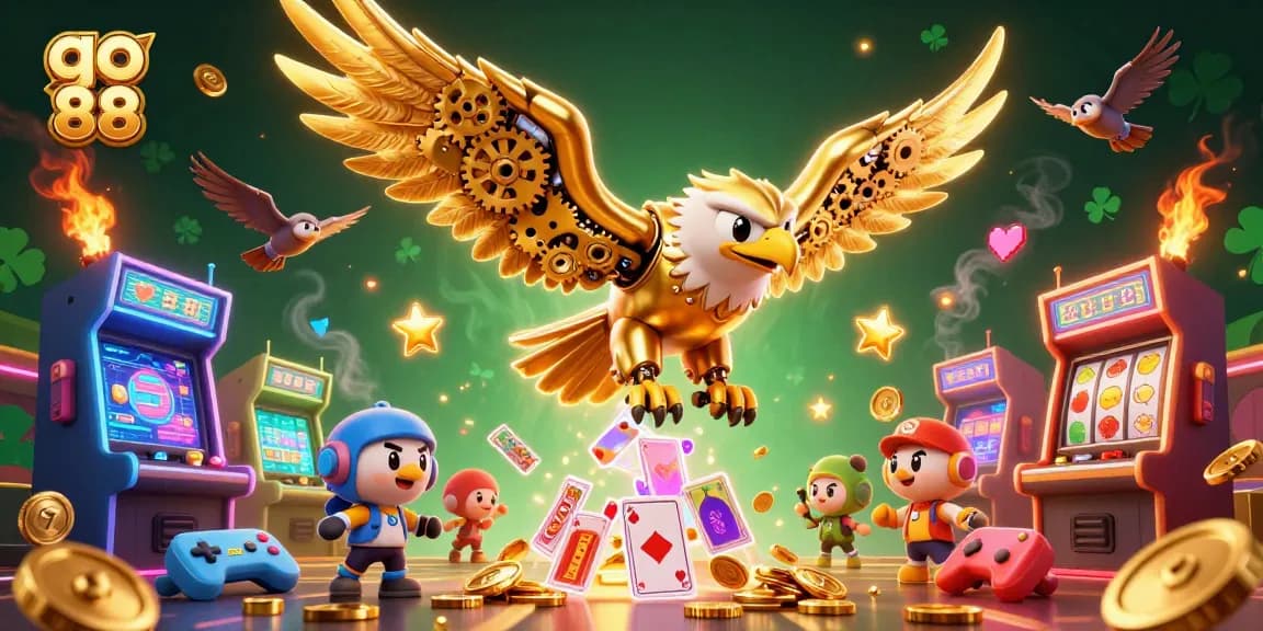 Experience go 88 thrills with a golden eagle soaring through enchanting casino visuals.
