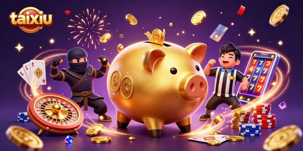 Experience thrilling taixiu action with a golden piggy bank sumo wrestler and dramatic casino elements.