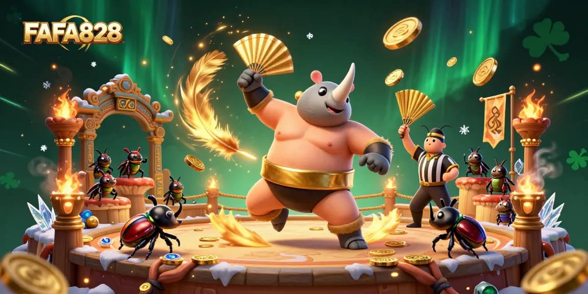 Engage with FAFA828's thrilling casino atmosphere featuring a sumo champion beetle, sending coins flying.