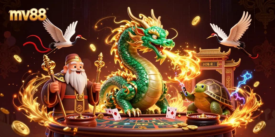 Experience thrilling action at mv88 casino with a vibrant scene featuring a jade dragon and lucky symbols.