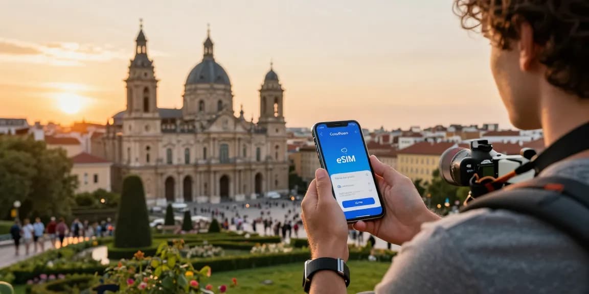 CocoRoam eSIM user enjoying seamless data connectivity at a European landmark during sunset.