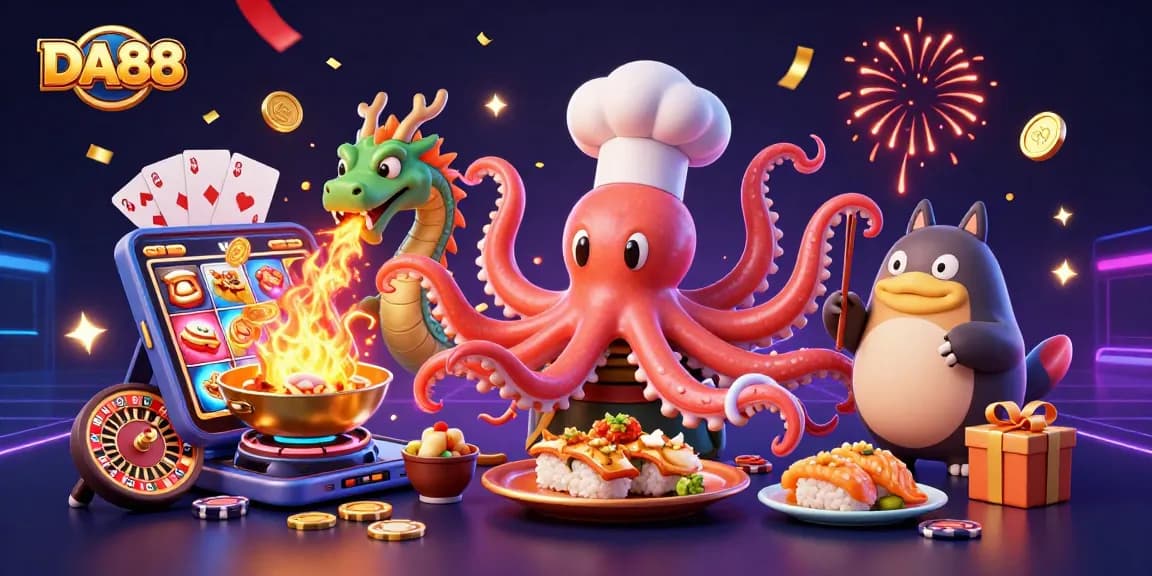 Engage with DA88's thrilling gaming universe featuring a sushi chef octopus and a dragon
