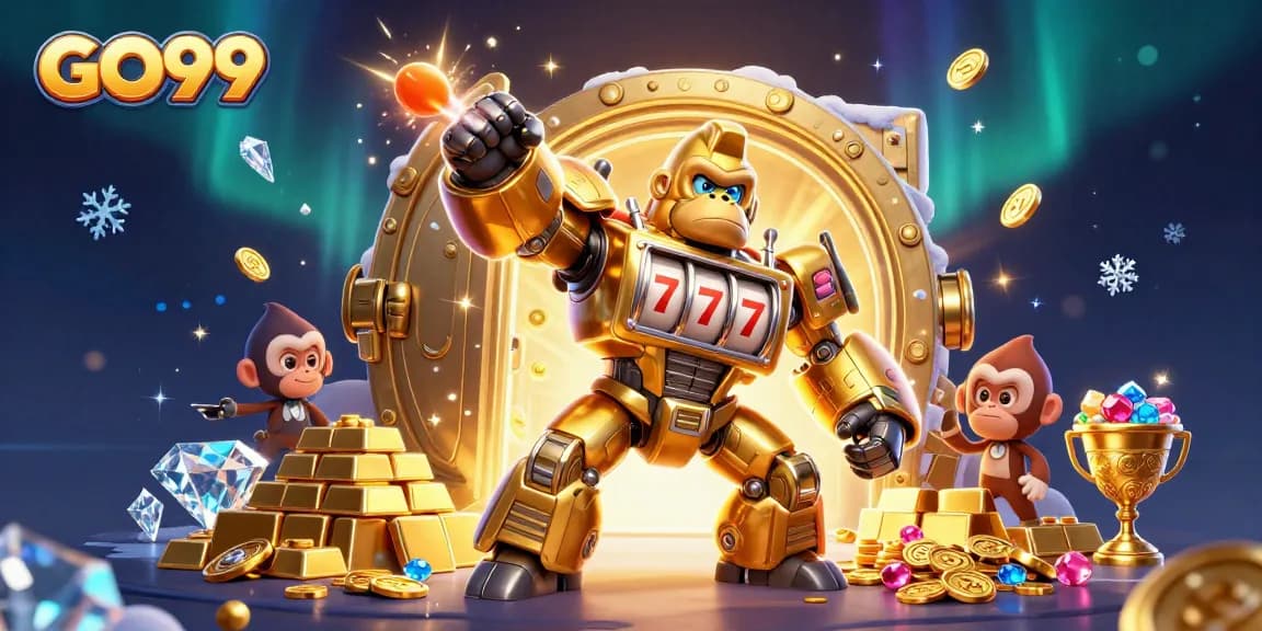 Win big at GO99 with a 3D illustration of a golden gorilla mech amidst treasures and jackpots.