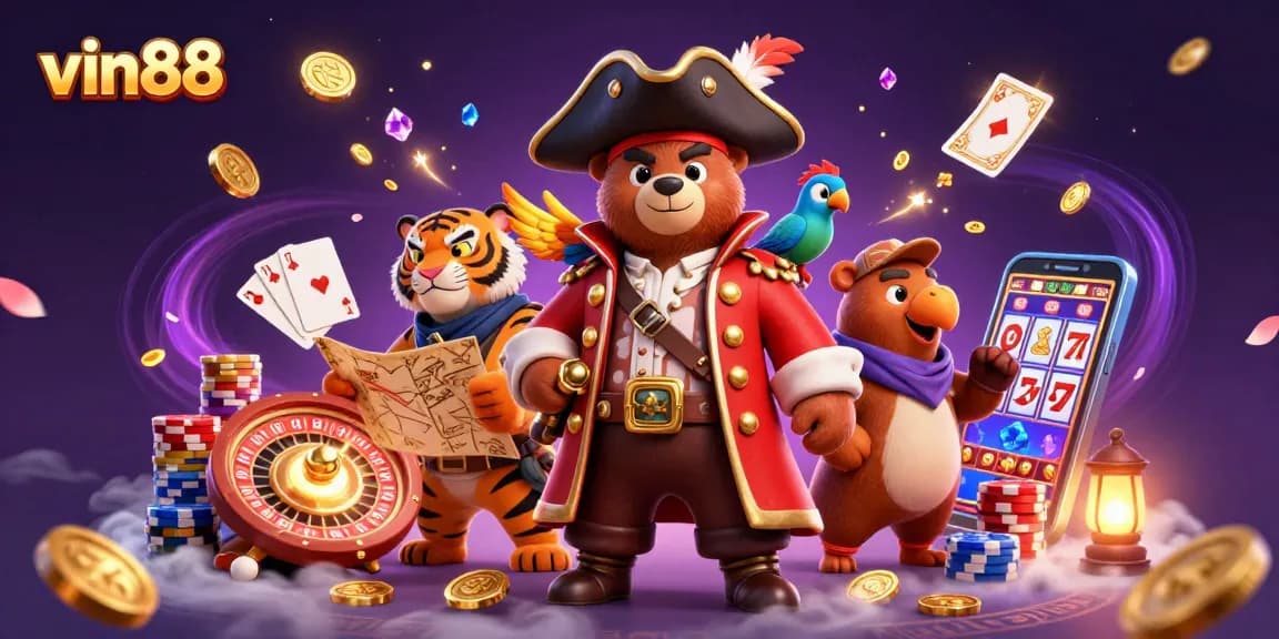 vin88 captures the excitement of online gaming with a dynamic pirate scene filled with treasure and casino elements.