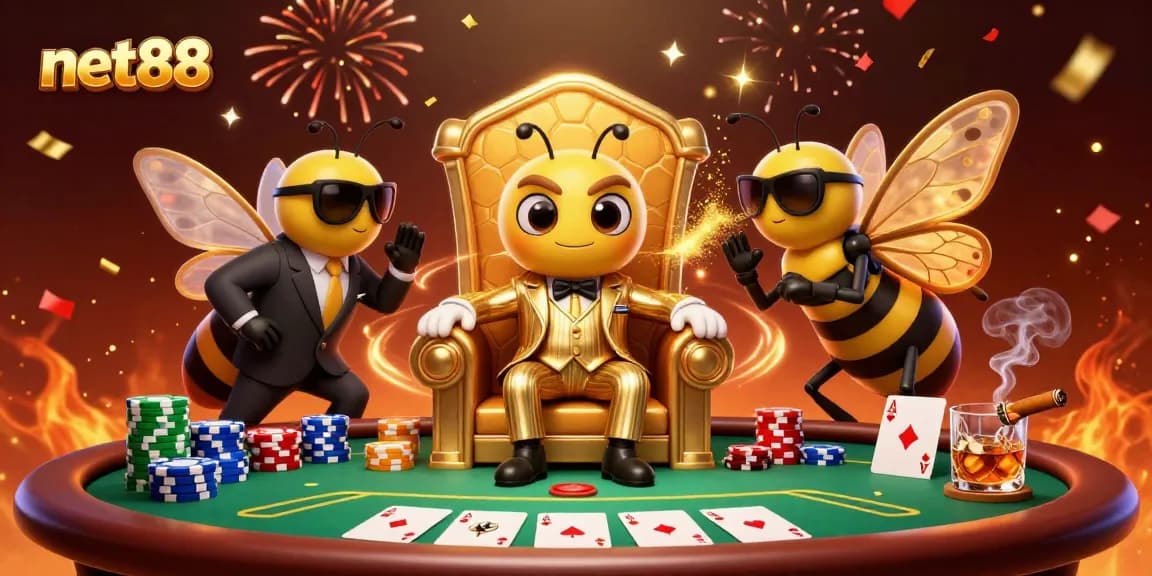 Experience the net88 action with a bumblebee mob boss and poker elements in a vibrant casino scene.
