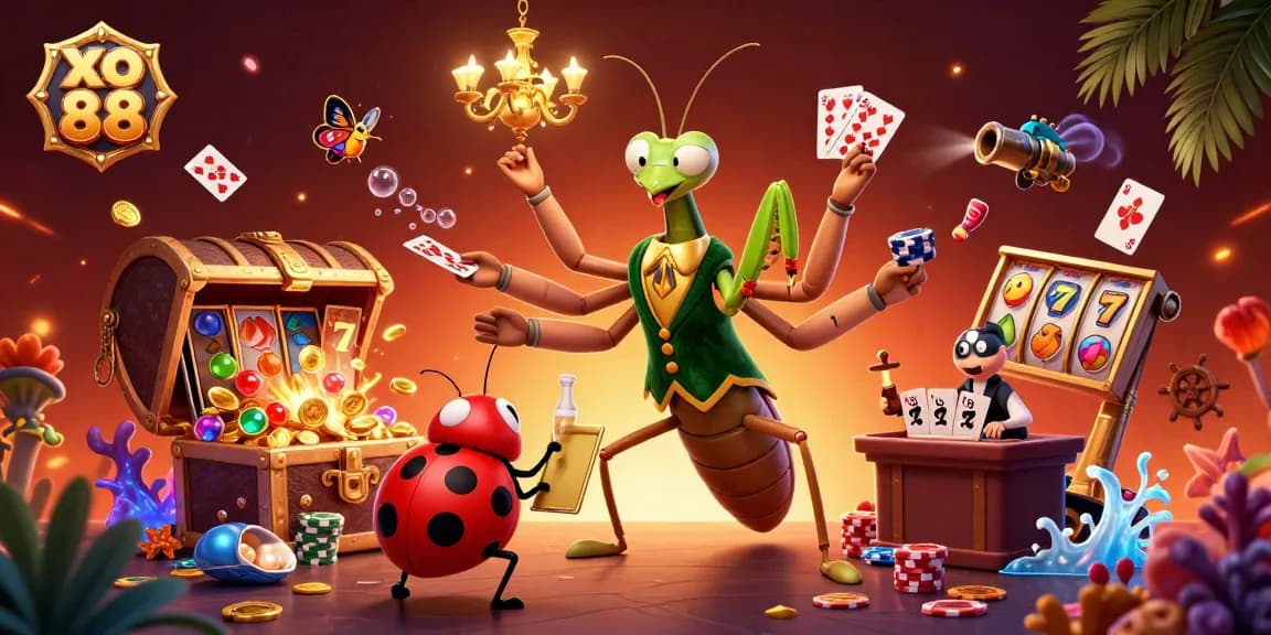 Experience the vibrant excitement of xo 88 with a charming 3D casino scene featuring unique characters.