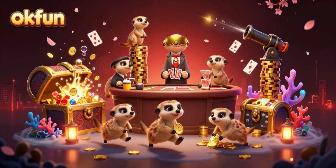 Join the excitement at okfun as meerkats deal cards and sneak chips in a vibrant casino setting.