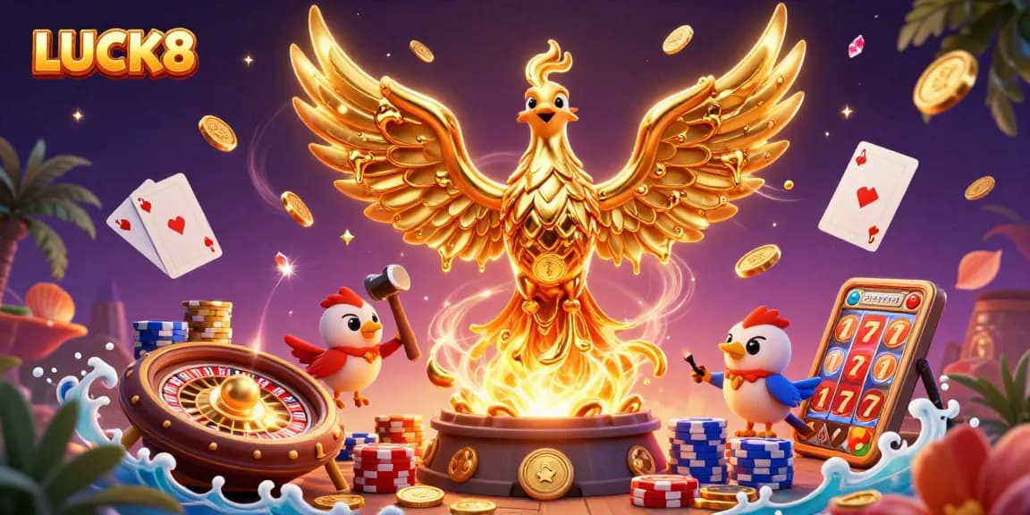 Experience LUCK8 through this vibrant illustration featuring golden coins, poker chips, and casino elements.