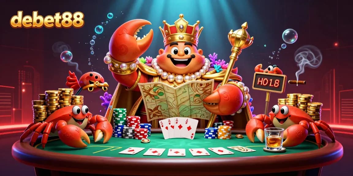 Try your luck at debet88 with a vibrant 3D illustration featuring a golden crab emperor and poker elements.
