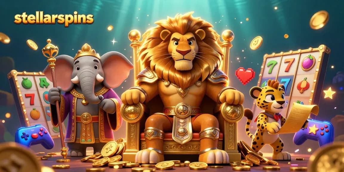Engage with stellarspins amidst a majestic lion king, wise elephant, and swift cheetah in a vibrant casino-themed illustration.
