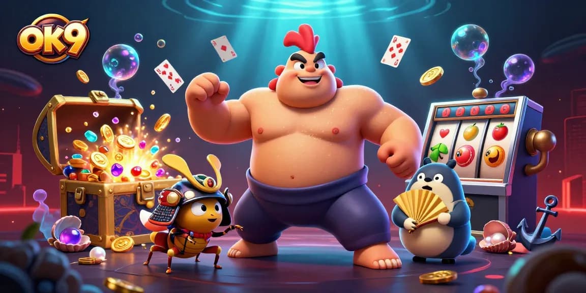 Engage with ok9's thrilling casino experience, featuring a powerful rooster, samurai cricket, and vibrant symbols.