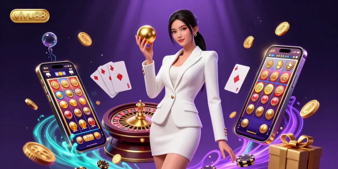 Experience the excitement of vivu88 with a stunning casino scene featuring games and dynamic elements.