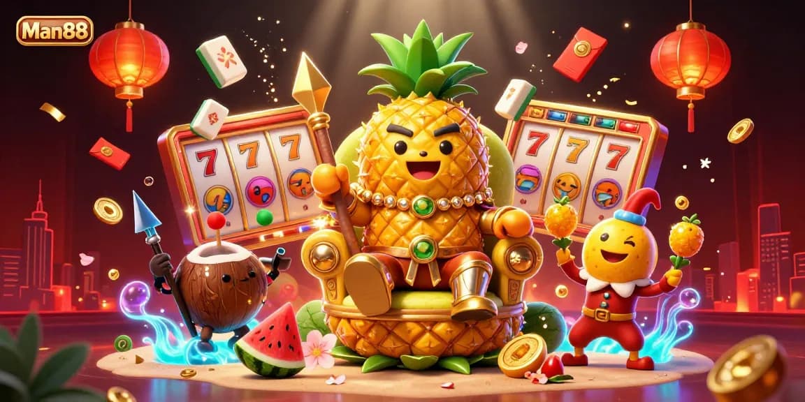 Experience engaging gameplay at Man88 with golden pineapple king and joyous casino action.