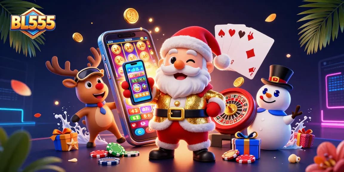 Spin to win at BL555 with Santa holding jackpot slots surrounded by vibrant casino elements.