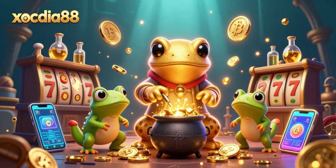 Play exciting games at xocdia88 with a vibrant illustration of a golden alchemist and rewards.