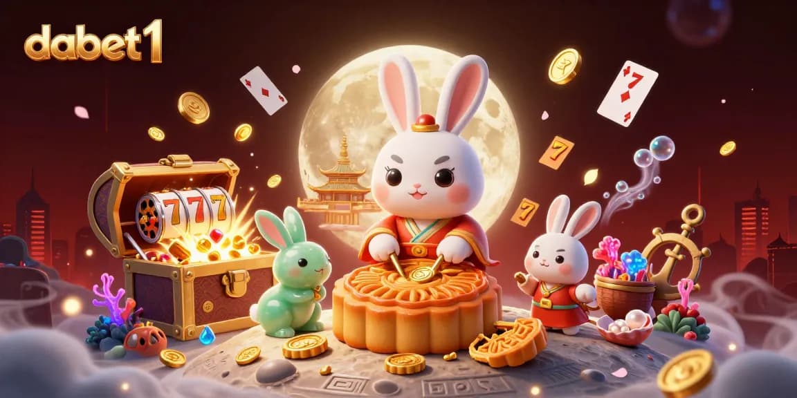 dabet1 showcases a vibrant 3D scene of a moon rabbit revealing poker chips, embodying thrilling casino energy.