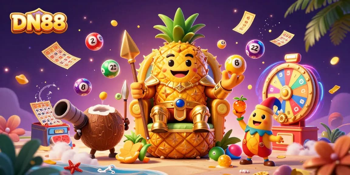 Engage in exciting DN88 gaming with vibrant lottery balls, a golden king, and rich casino visuals.