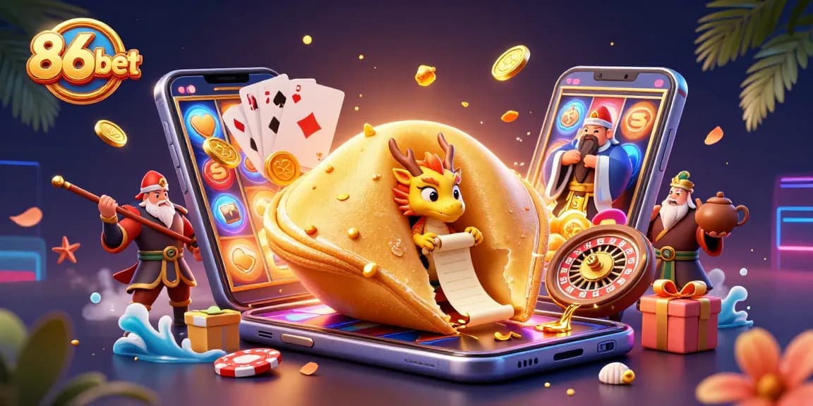 Join the fun at 86bet, where a golden fortune cookie and dragon reveal exciting game fortunes.