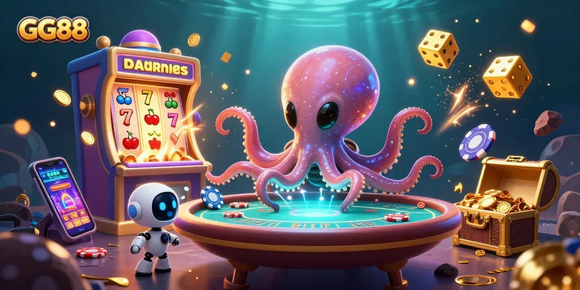 Play exciting casino games at GG88 with alien octopus and robot characters surrounded by vibrant visuals