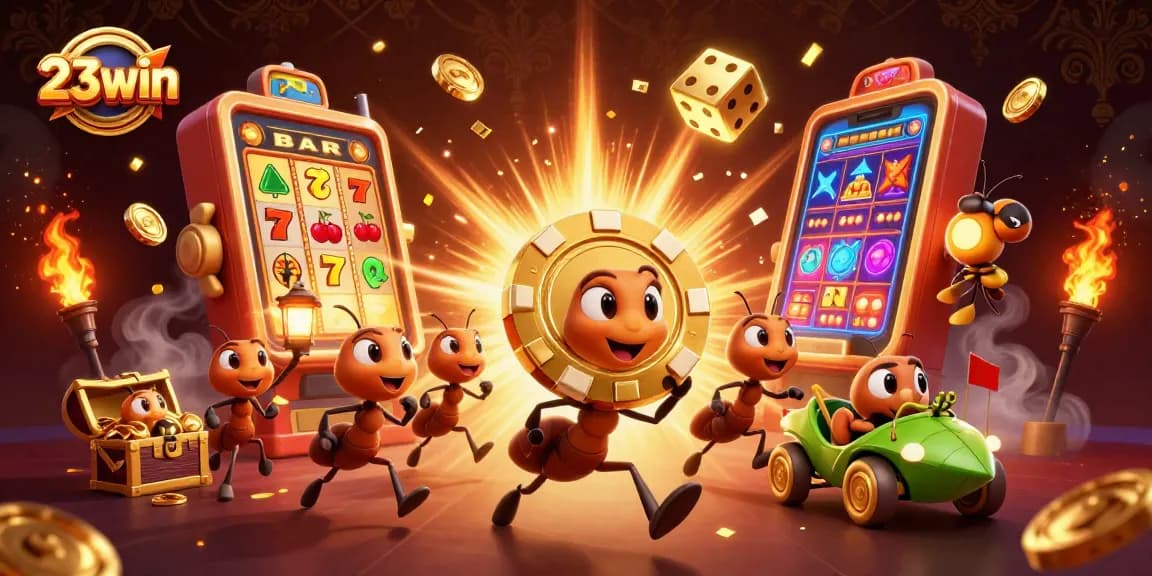 Experience the excitement of 23win with a heist of ants carrying a giant poker chip amidst rich casino elements.