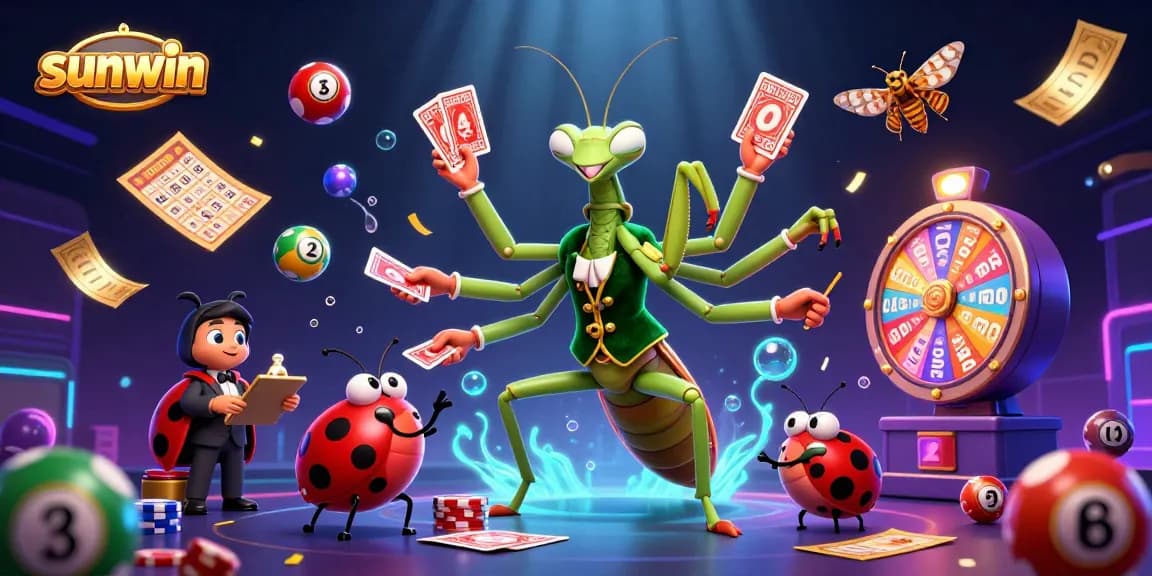 Experience thrilling gameplay with sunwin in a vibrant 3D casino scene featuring a giant mantis dealer and ladybug pit boss.