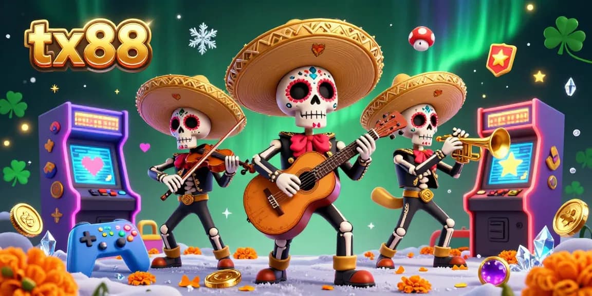 Engage with vibrant tx88 casino gaming through 3D mariachi skeletons amidst arcade machines.