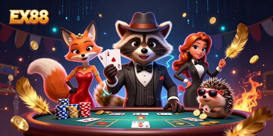 Join the excitement at EX88 poker with a suave raccoon, charming fox, and bouncer hedgehog!