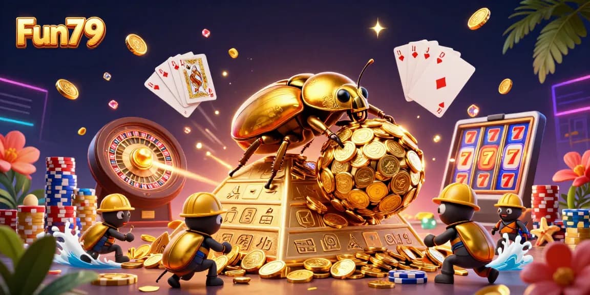 Spin to win at Fun79 with a golden beetle rolling coins amidst vibrant casino elements.