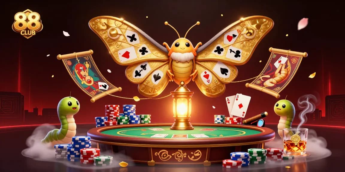Experience the thrill of 88CLUB casino games with vibrant poker scenes and enchanting motifs.
