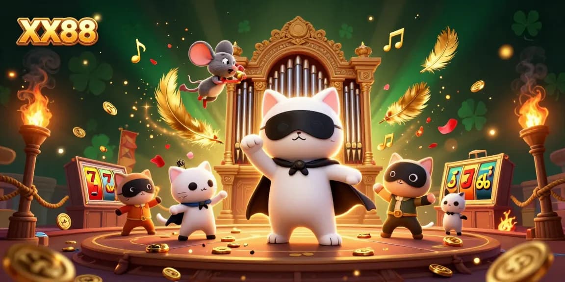 Spin the reels in XX88 with a lively 3D cat casino scene featuring games and golden coins.