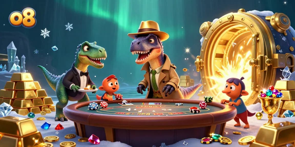 Experience the thrill of o8 with a 3D velociraptor card counter at a blackjack table rich in treasures.
