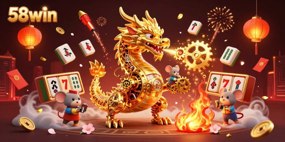 58win showcases a vibrant casino scene with a golden dragon and dynamic game elements.