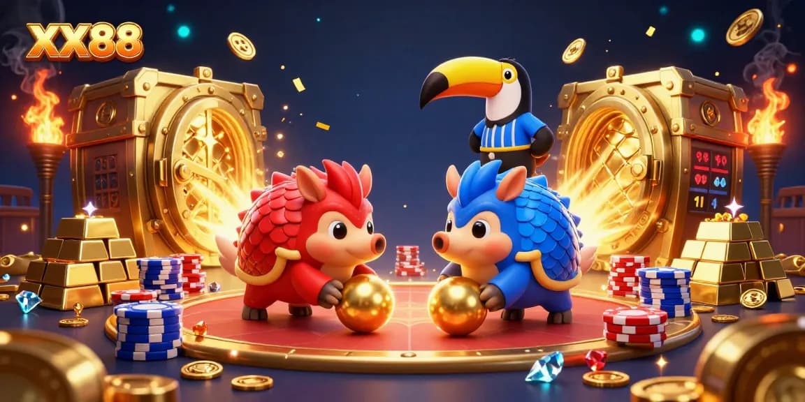 Engage with the thrilling XX88 gaming world as cartoon pangolins compete amid a rich casino backdrop.