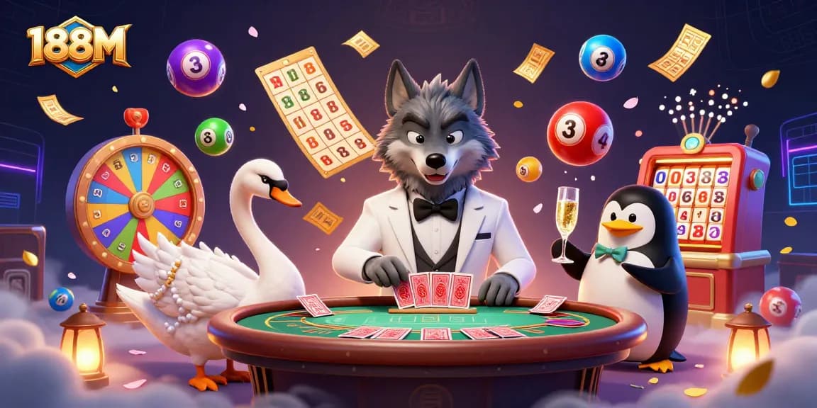 Experience thrilling wins at 188M as playful characters deal cards and celebrate with vibrant lottery elements.