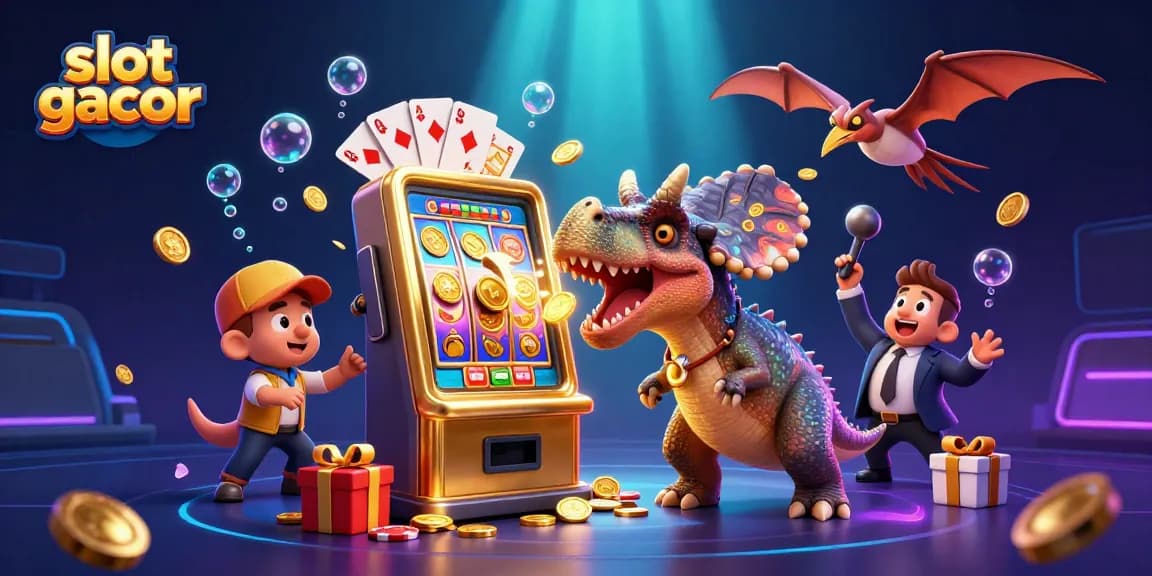 Catch the excitement of slot gacor as a dinosaur interacts with a golden slot machine, amidst a vibrant casino scene.