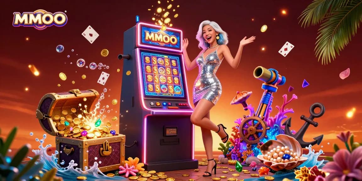 Win big at MMOO with a vibrant scene featuring gold coins, a beautiful woman, and dynamic casino elements.