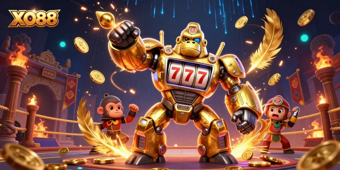 Experience the excitement of XO88 with a dynamic 3D illustration of a golden gorilla mech and gaming elements.
