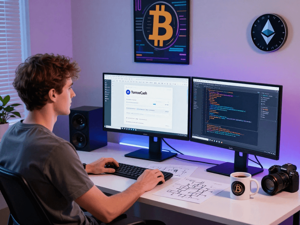 User interacting with Tornado Cash mixer interface showcasing decentralized finance technology.