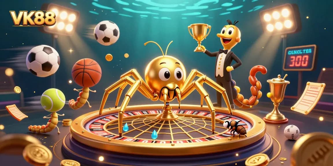Bet with VK88 on a roulette wheel spun by a golden spider amid vibrant sports elements.