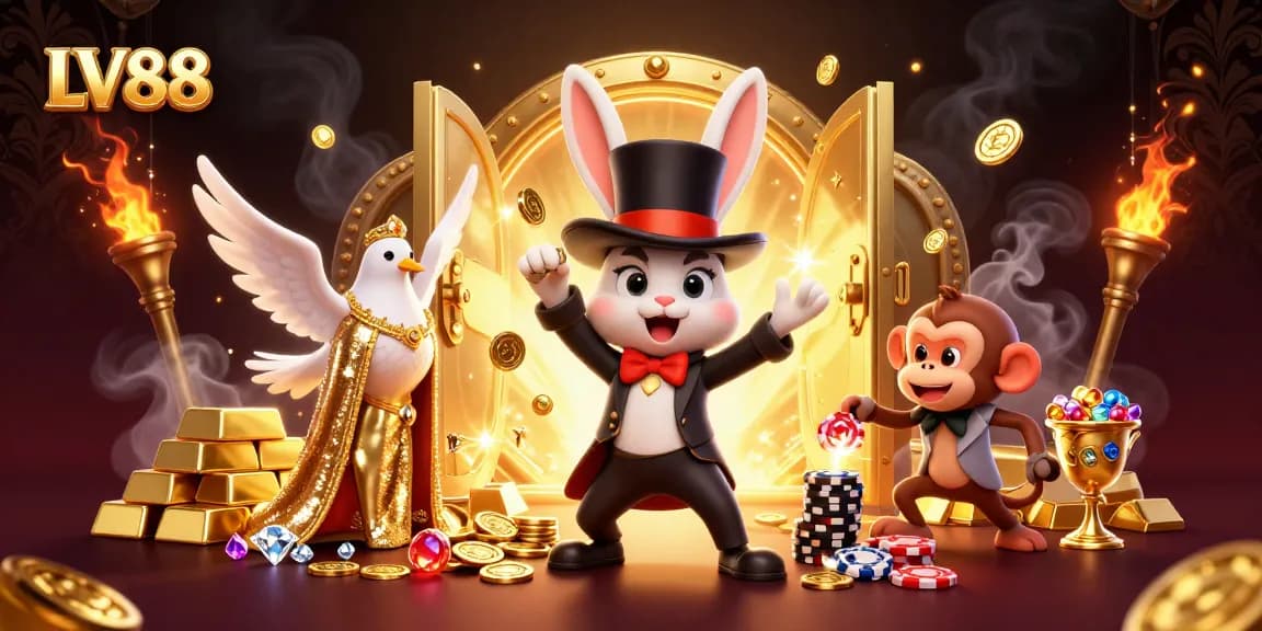 Experience thrilling gaming with LV88, featuring dynamic characters enjoying poker chips and golden treasures.