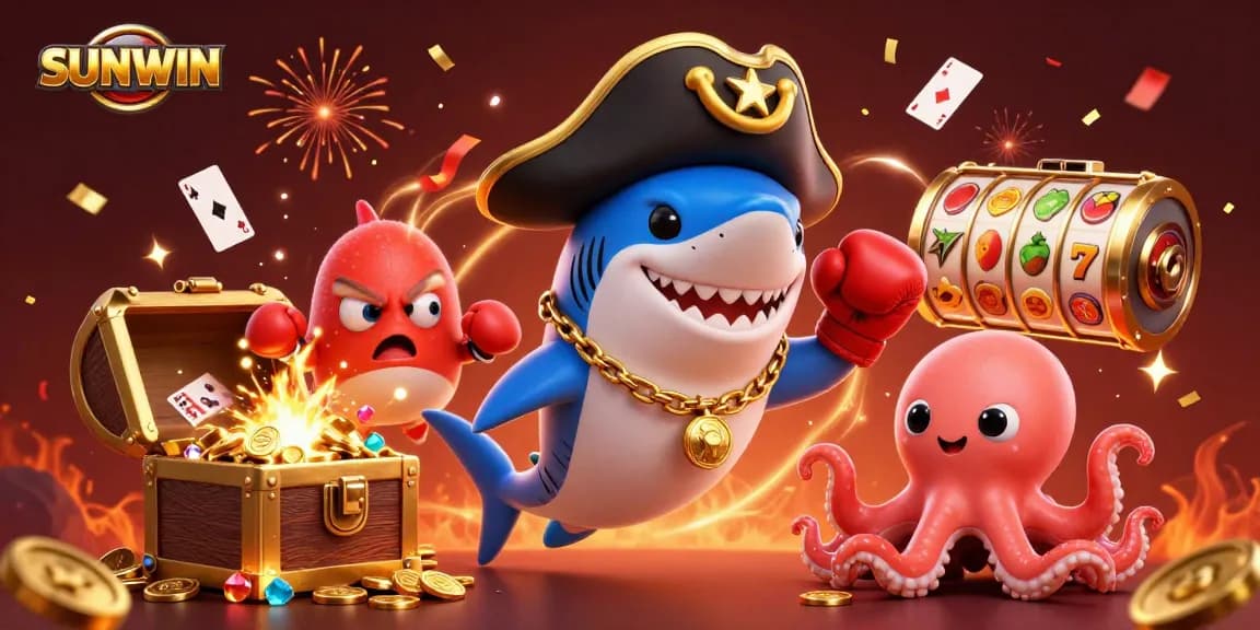 Join the excitement at SUNWIN, where the pirate shark and friends celebrate huge wins with gold coins and casino games!