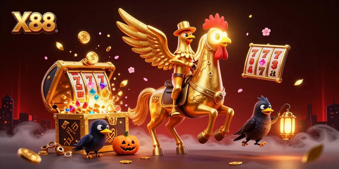 X88 showcases a golden rooster riding a spectral horse in a vibrant midnight casino scene filled with slot reels and rich treasures.