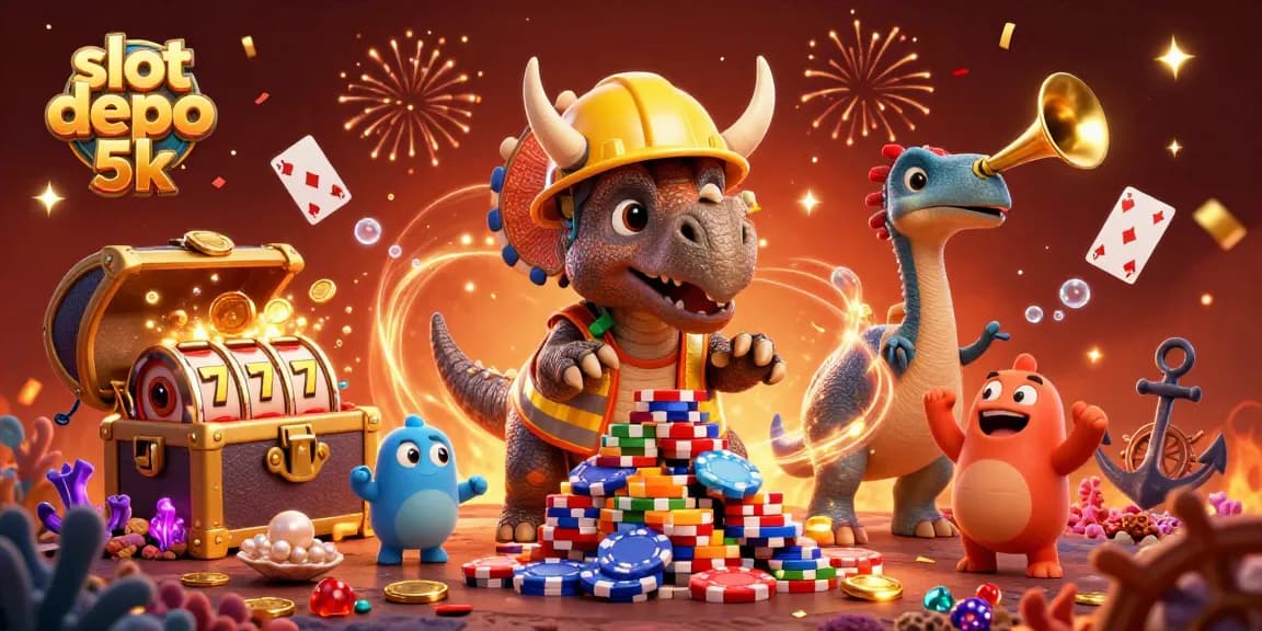 Win big with slot depo 5k as triceratops builds chip pyramid surrounded by casino excitement.