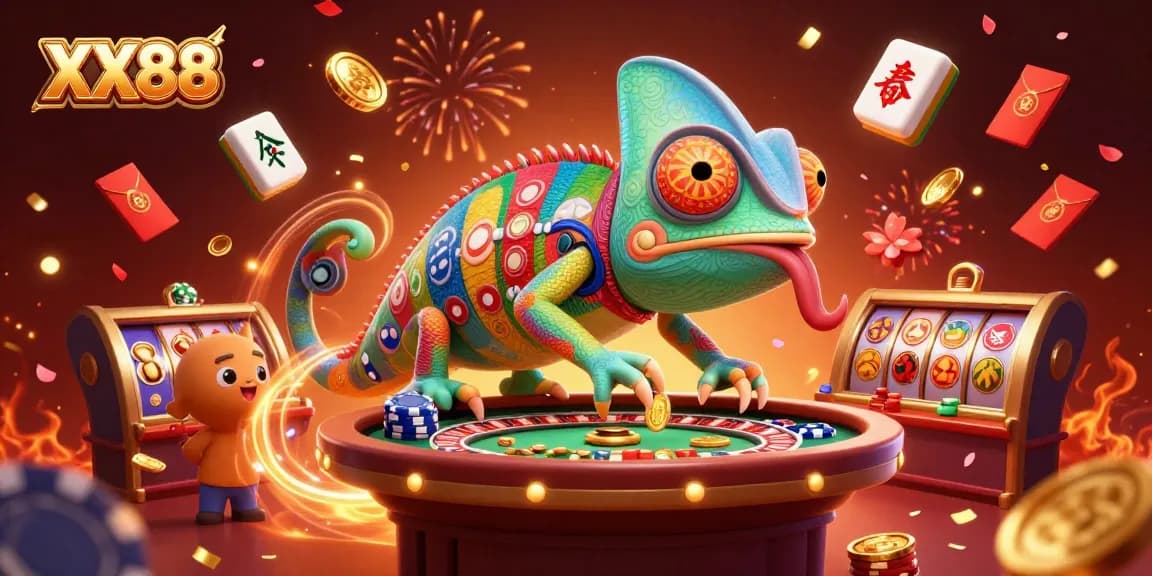 Experience vibrant gameplay with XX88, featuring a dynamic chameleon casino owner and festive elements.